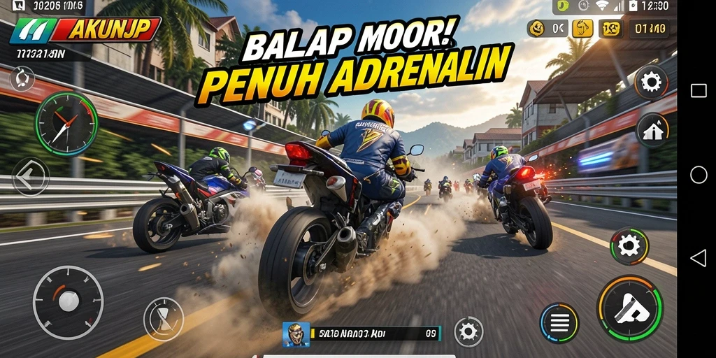 Tampilan gameplay AKUNJP dengan aksi balap motor yang mendebarkan.