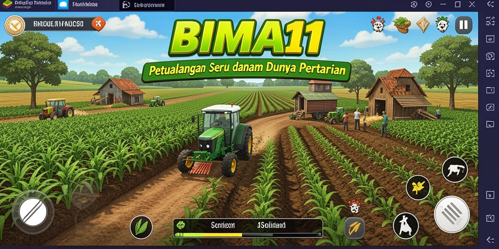 Tampilan gameplay BIMA11 dengan keseruan bertani dan mengelola lahan.