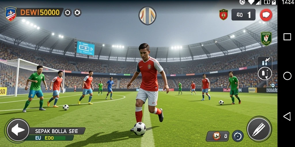 Tampilan gameplay DEWI5000 menampilkan pertandingan sepak bola yang mendebarkan.