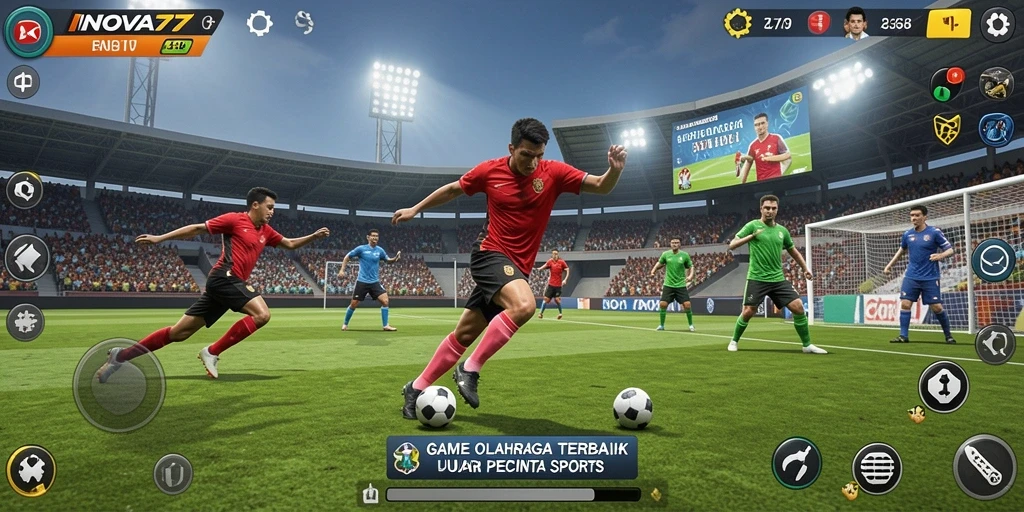 Tangkapan layar utama menunjukkan aksi seru dalam gameplay olahraga.