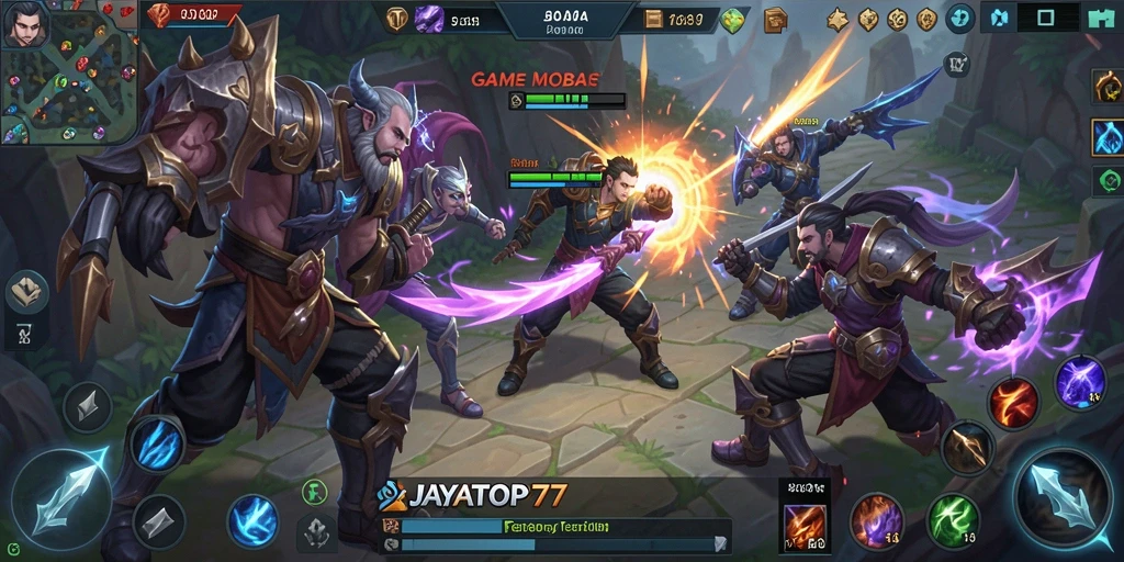 Screenshot gameplay JAYATOP77 menampilkan pertarungan hero yang intens.