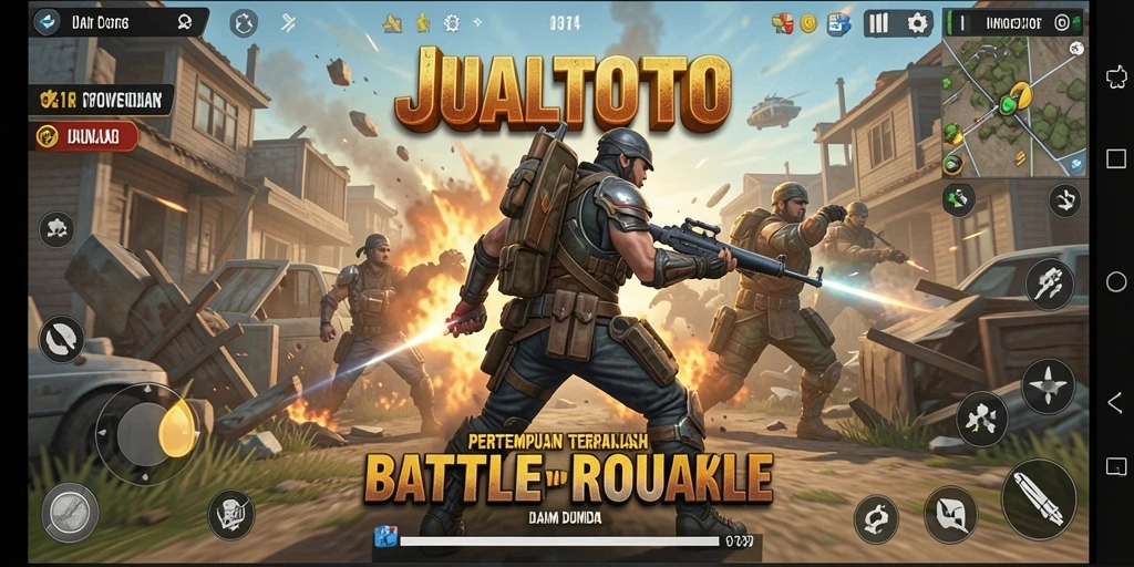 Screenshot utama JUALTOTO menampilkan aksi pertarungan Battle Royale yang intens.