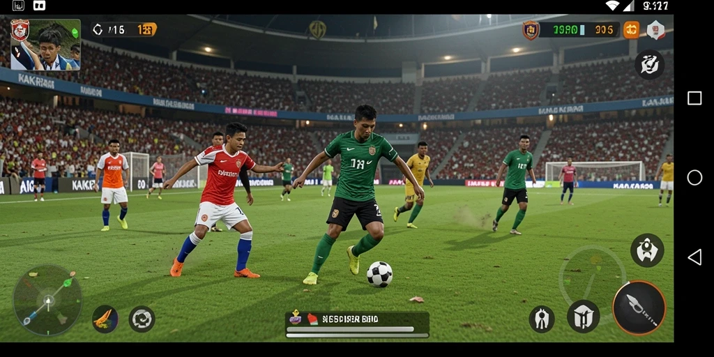 Screenshot gameplay KAKRP menampilkan aksi seru di lapangan sepak bola.