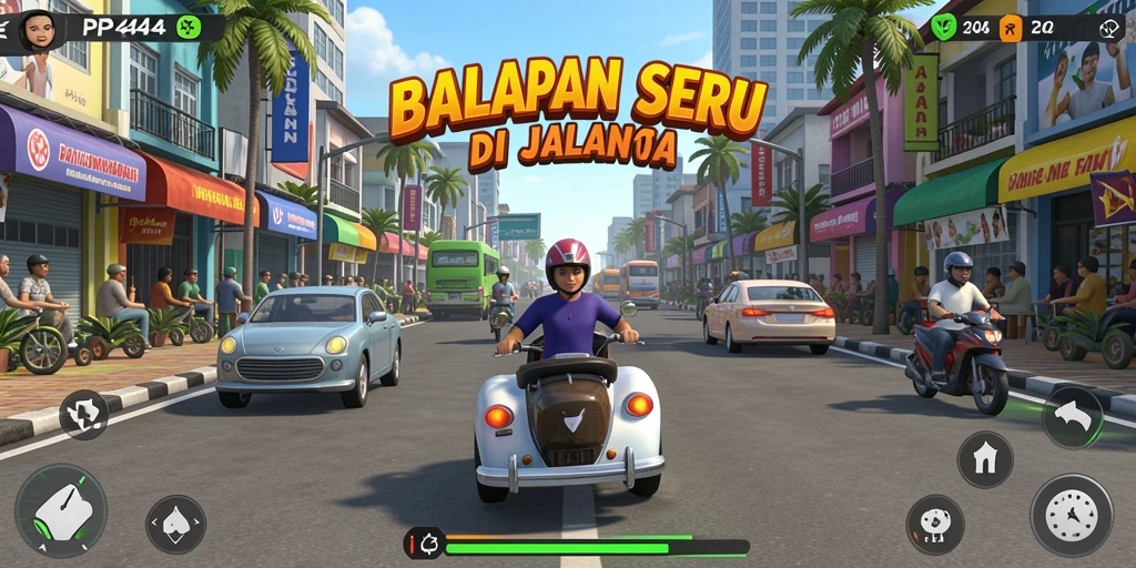 Tampilan utama gameplay PP444 yang mendebarkan dan penuh aksi balapan.