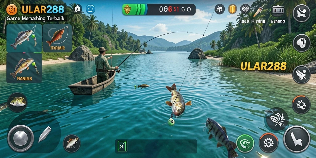 Tampilan gameplay ULAR288 saat memancing di lautan yang indah.