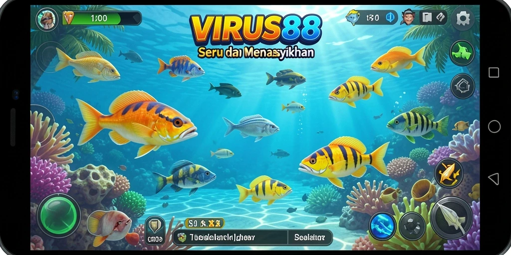 Tampilan gameplay seru dalam VIRUS88 saat menembak ikan.